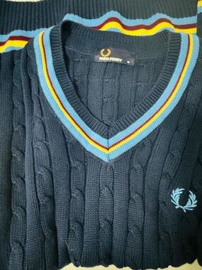Fred Perry Navy Cable V-Neck Sweater with Light Blue, Yellow & Burgundy Trim